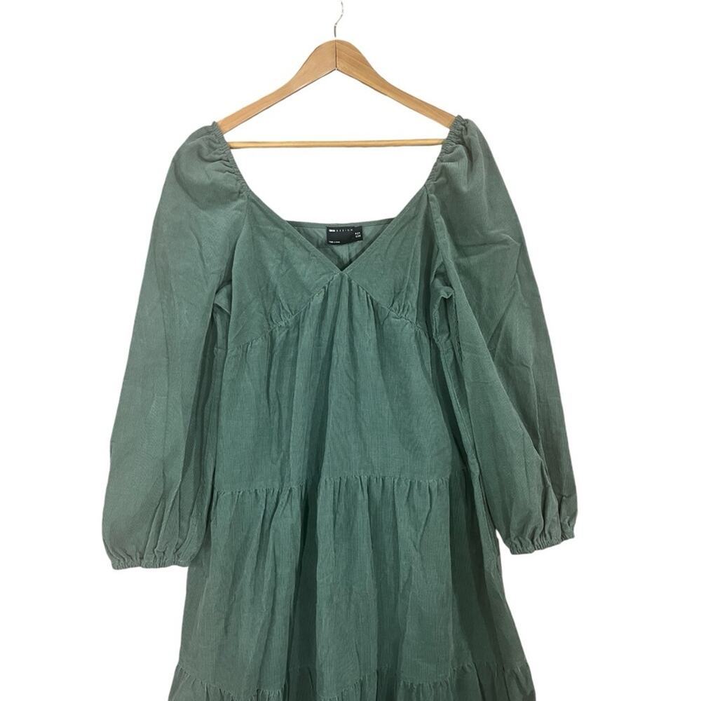ASOS DESIGN tiered cord babydoll midi smock dress in green khaki SIZE 14 - Picture 2 of 7